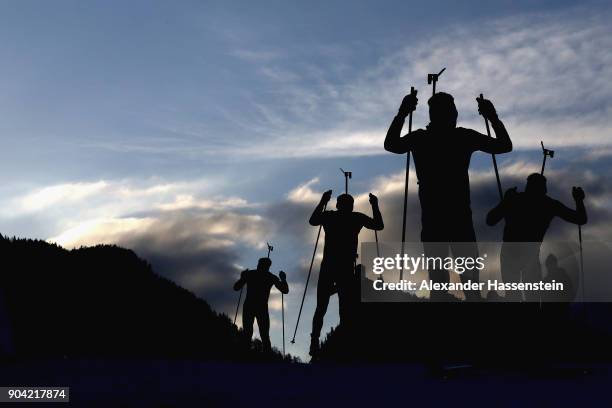 Athletes compete at the men's 7,5km relay competition during the IBU Biathlon World Cup at Chiemgau Arena on January 12, 2018 in Ruhpolding, Germany.