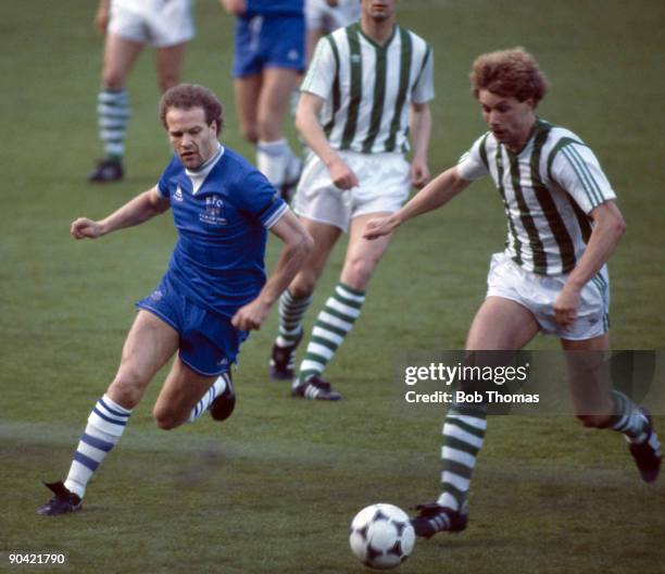 Andy Gray of Everton moves in to tackle Rapid Vienna's Pater Hrstic during the Everton v Rapid Vienna UEFA European Cup Winners Cup Final played in...