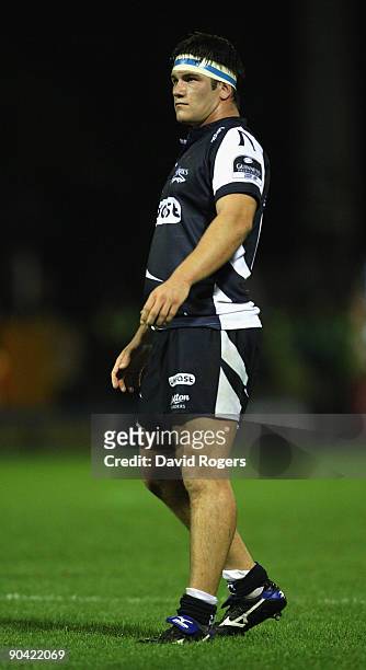 Marc Jones of Sale looks on during the Guinness Premiership match between Sale Sharks and Leicester Tigers at Edgeley Park on September 4, 2009 in...