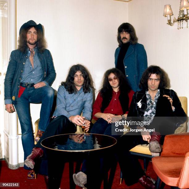 Roger Glover, Ian Gillan, Ian Paice, Jon Lord and Ritchie Blackmore of Deep Purple pose for a group shot in a hotel in March 1972 in Copenhagen,...