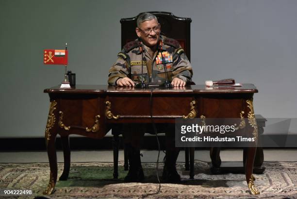 Chief of Army Staff Bipin Rawat during Annual Press Conference at Manekshaw Centre at Dhaula Kaun on January 12, 2018 in New Delhi, India. Chief of...