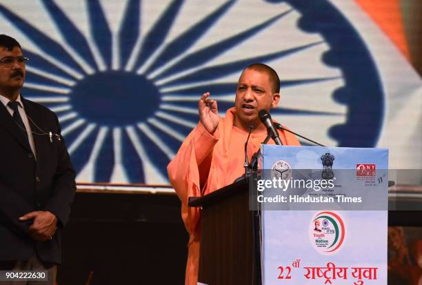 Uttar Pradesh Chief Minister Yogi Adityanath during the 22nd National Youth Festival at Gautam Buddha University, on January 12, 2018 in Greater...