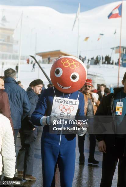 Winter Olympics: Man dressed as Schuss, the first Winter Olympic mascot, during Men's Giant Slalom competition on the Belledonne mountains in Isere....