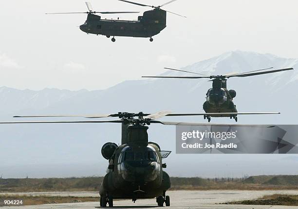 Army Chinook helicopters return with soldiers from the 10th Mountain and 101st Airborne units March 11, 2002 to Bagram airbase from the fighting in...