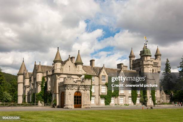 United Kingdom, Scotland, Aberdeenshire, Balmoral, View of the Balmoral Castle, Balmoral Castle is a castle located on the River Dee beneath the...