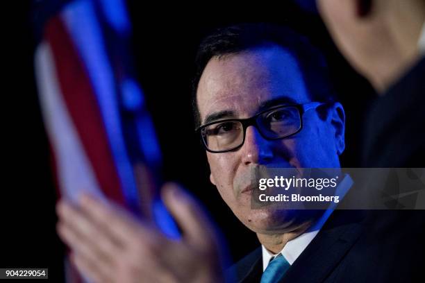 Steven Mnuchin, U.S. Treasury secretary, listens to a question during an Economic Club of Washington conversation in Washington, D.C., U.S., on...