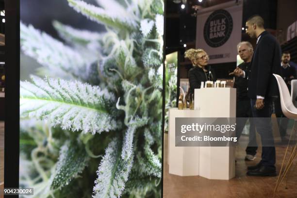 An exhibitor speaks to visitors about medical cannabis products at the 1st International Cannabis Expo at the Faliro Sports Pavilion in Athens,...