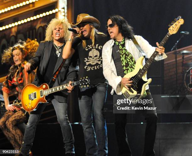 Bret Michaels of Poison performs with the cast of "Rock of Ages" on stage during the 63rd Annual Tony Awards at Radio City Music Hall on June 7, 2009...