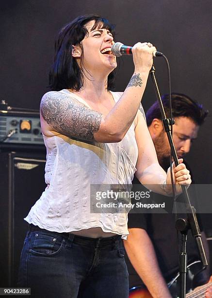 Brody Dalle of Spinnerette performs on stage on Day 2 of Reading Festival 2009 on August 29, 2009 in Reading, England.