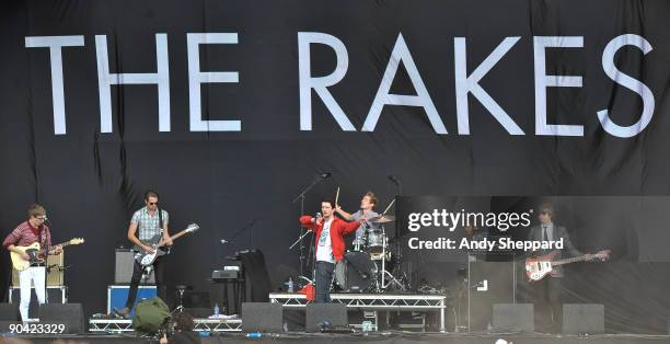 Matthew Swinnerton, Chris Ketley, Alan Donahoe, Lasse Peterson and Jamie Hornsmith of The Rakes perform on stage on Day 2 of Reading Festival 2009 on...