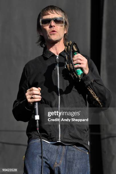 Ian Brown performs on stage on Day 2 of Reading Festival 2009 on August 29, 2009 in Reading, England.