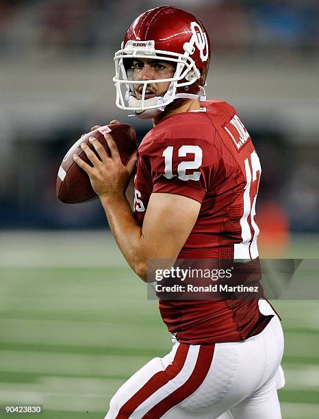 Quarterback Landry Jones of the Oklahoma Sooners at Cowboys Stadium on September 5, 2009 in Arlington, Texas.