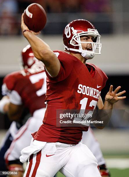 Quarterback Landry Jones of the Oklahoma Sooners at Cowboys Stadium on September 5, 2009 in Arlington, Texas.