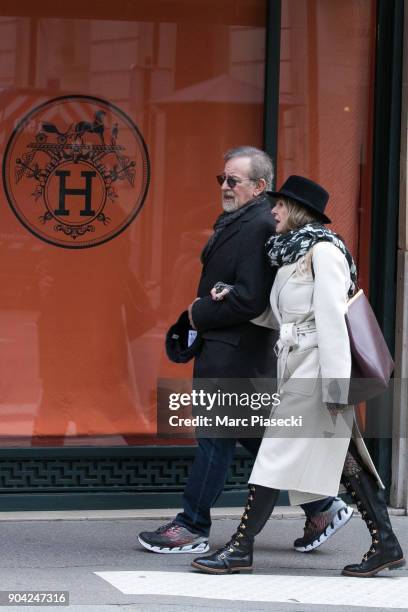 Director Steven Spielberg and actress Kate Capshaw arrive at the 'Hermes' flagship store on Rue du Faubourg Saint Honore on January 12, 2018 in...