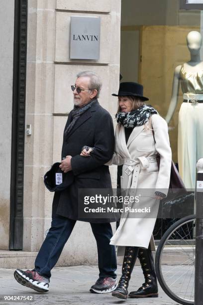 Director Steven Spielberg and actress Kate Capshaw are seen on Rue du Faubourg Saint Honore on January 12, 2018 in Paris, France.