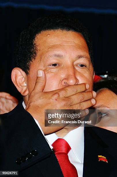 Venezuela's President Hugo Chavez attends the "South Of The Border" premiere at the Sala Grande during the 66th Venice Film Festival on September 7,...