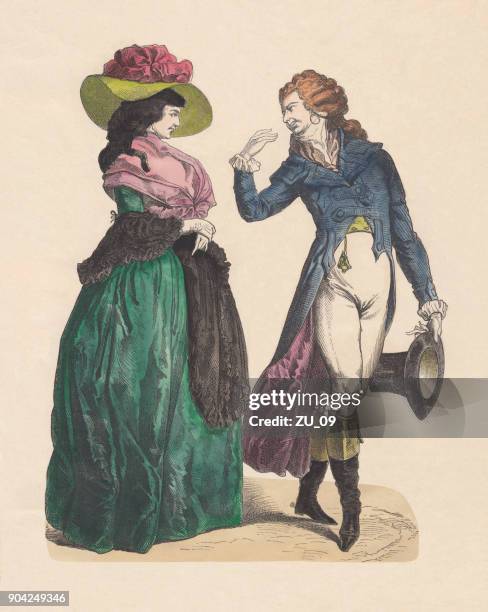 german costumes, late 18th century, hand-colored wood engraving, published c.1880 - noblesville stock illustrations