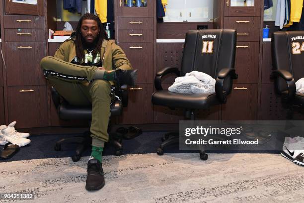 Kenneth Faried of the Denver Nuggets gets ready in the locker room before the game against the Atlanta Hawks on January 10, 2018 at the Pepsi Center...