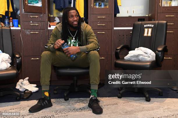 Kenneth Faried of the Denver Nuggets gets ready in the locker room before the game against the Atlanta Hawks on January 10, 2018 at the Pepsi Center...