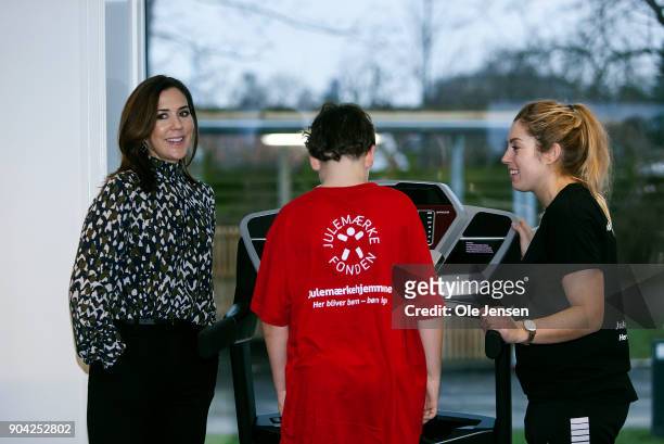 Crown Princess Mary of Denmark speaks to a young boy doing physical exercise during the Christmas Seal Foundation home opening on January 12, 2018 in...