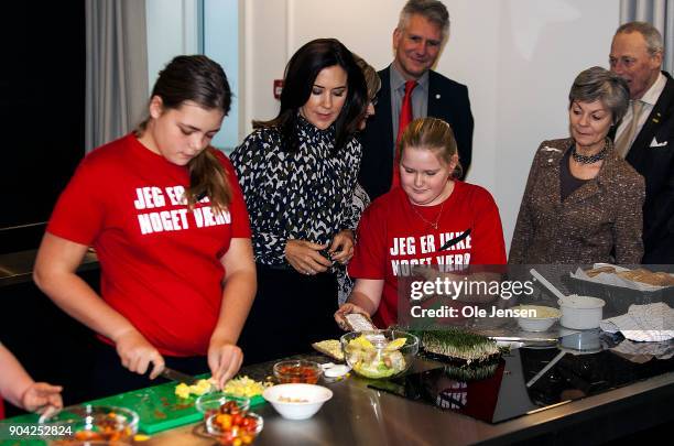 Crown Princess Mary of Denmark speaks to young kids preparing food during her visits to the Christmas Seal Foundation home opening on January 12,...