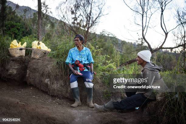 Indonesia, Java Timur, Kabudaten Bondowoso, The Ijen is known for its sulfur degradation taking place under inhuman conditions. Work builds up sulfur...
