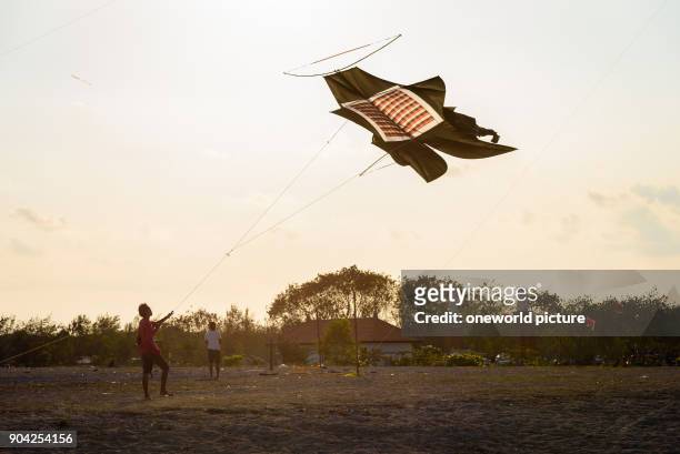 Indonesia, Bali, Kota Denpasar, Hang-gliding Festival Mel Tanjung in Sanur. Kite flying is very popular in Bali.