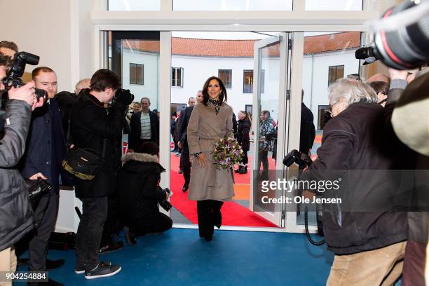 Crown Princess Mary of Denmark arrives to the Christmas Seal Foundation home opening on January 12, 2018 in Roskilde, Denmark. The Crown Princess is...