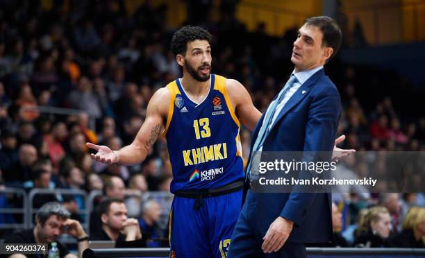 Anthony Gill, #13 of Khimki Moscow Region talk with Georgios Bartzokas, Head Coach of Khimki Moscow Region during the 2017/2018 Turkish Airlines...