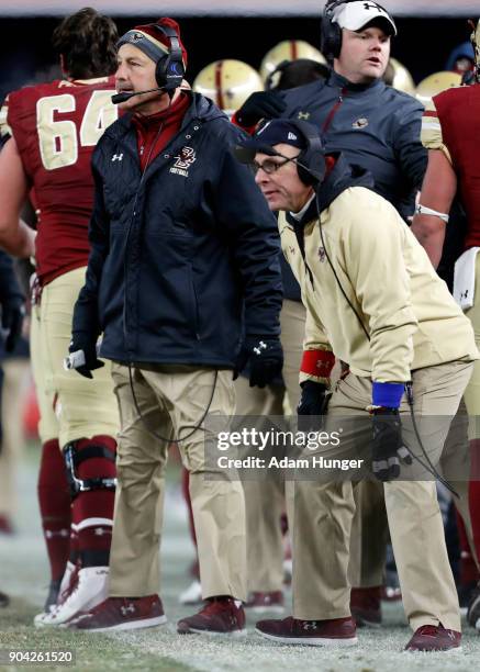 Head coach Steve Addazio of the Boston College Eagles looks on against the Iowa Hawkeyes during the first half of the New Era Pinstripe Bowl at...