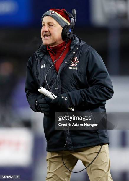 Head coach Steve Addazio of the Boston College Eagles looks on against the Iowa Hawkeyes during the first half of the New Era Pinstripe Bowl at...