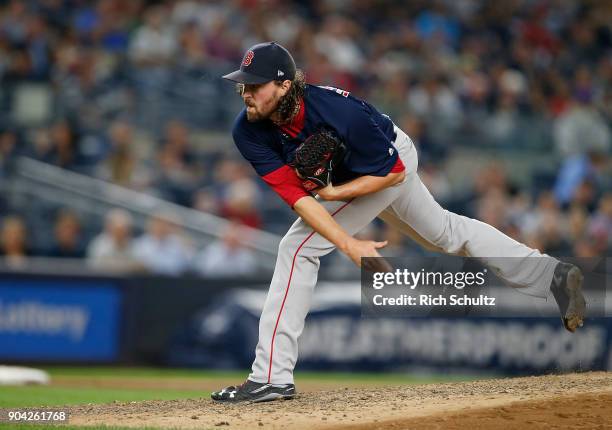 Heath Hembree of the New York Yankees in action during a game against the Boston Red Sox at Yankee Stadium on August 31, 2017 in the Bronx borough of...