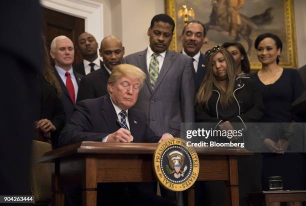 President Donald Trump signs a proclamation for Martin Luther King Jr. Day in the Roosevelt Room of the White House in Washington, D.C., U.S., on...