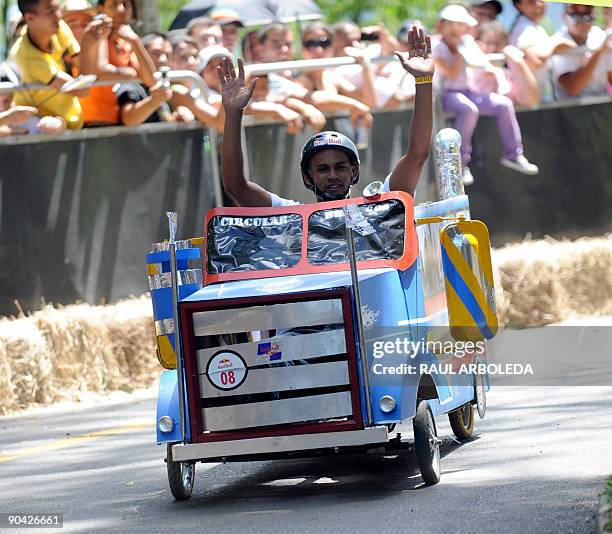 Participant descends a hill in a homemade car during a Car Festival on September 6, 2009 at Pueblito Paisa in Medellin, Antioquia department,...