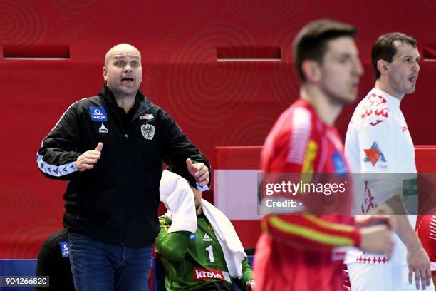 Austria's head coach Patrekur Johannesson reacts during the preliminary round group B match of the Men's 2018 EHF European Handball Championship...