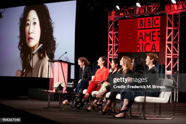 Executive producer Sally Woodward Gentle, writer/showrunner/executive producer Phoebe Waller-Bridge, and actors Sandra Oh, Jodie Comer, Kirby...