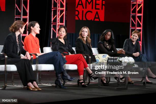 Executive producer Sally Woodward Gentle, writer/showrunner/executive producer Phoebe Waller-Bridge, and actors Sandra Oh, Jodie Comer, Kirby...