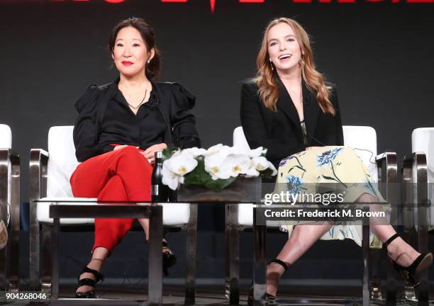 Actors Sandra Oh and Jodie Comer of 'Killing Eve' speak onstage during the BBC America portion of the 2018 Winter Television Critics Association...