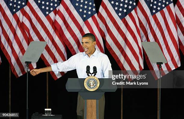 President Barack Obama speaks to a crowd at the annual AFL-CIO Labor Day picnic at Coney Island September 7, 2009 in Cincinnati Ohio. President Obama...