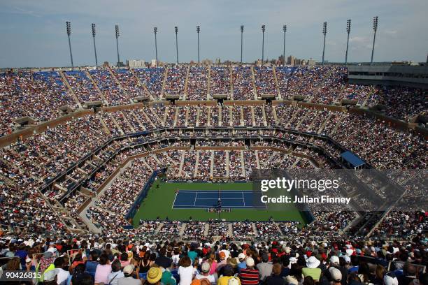 View from above of the Melanie Oudin of the United States vs Nadia Petrova of Russia match at Arthur Ashe Stadium during day eight of the 2009 U.S....