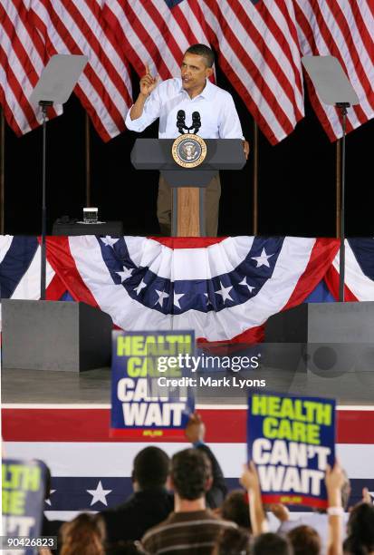 President Barack Obama speaks to a crowd at the annual AFL-CIO Labor Day picnic at Coney Island September 7, 2009 in Cincinnati Ohio. President Obama...