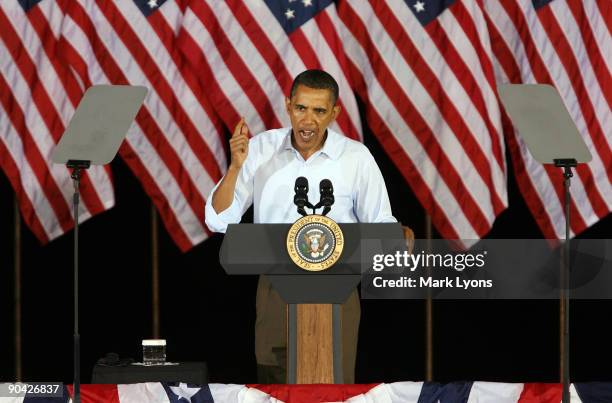 President Barack Obama speaks to a crowd at the annual AFL-CIO Labor Day picnic at Coney Island September 7, 2009 in Cincinnati Ohio. President Obama...