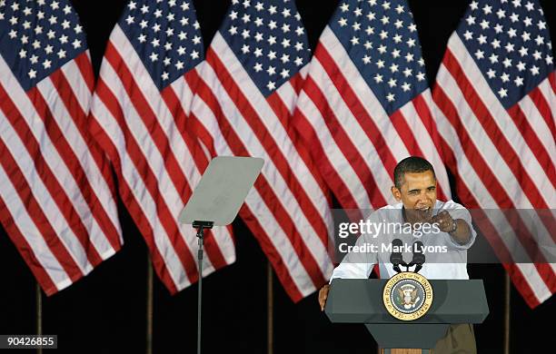 President Barack Obama speaks to a crowd at the annual AFL-CIO Labor Day picnic at Coney Island September 7, 2009 in Cincinnati Ohio. President Obama...