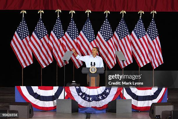 President Barack Obama speaks to a crowd at the annual AFL-CIO Labor Day picnic at Coney Island September 7, 2009 in Cincinnati Ohio. President Obama...