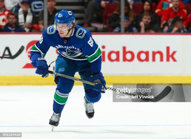Markus Granlund of the Vancouver Canucks skates up ice during their NHL game against the Calgary Flames at Rogers Arena December 17, 2017 in...