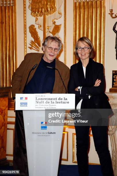 Daniel Pennac and Francoise Nyssen attend "La Nuit de la Lecture" Launch Day at Ministere de la Culture on January 12, 2018 in Paris, France.