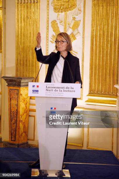 Minister of Culture Francoise Nyssen attends "La Nuit de la Lecture" Launch Day at Ministere de la Culture on January 12, 2018 in Paris, France.