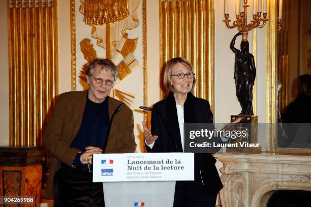 Daniel Pennac and Francoise Nyssen attend "La Nuit de la Lecture" Launch Day at Ministere de la Culture on January 12, 2018 in Paris, France.