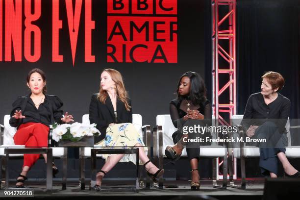 Actors Sandra Oh, Jodie Comer, Kirby Howell-Baptiste, and Fiona Shaw of 'Killing Eve' speak onstage during the BBC America portion of the 2018 Winter...
