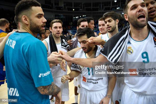 Players of Real Madrid celebrate victory during the 2017/2018 Turkish Airlines EuroLeague Regular Season Round 17 game between Khimki Moscow Region...